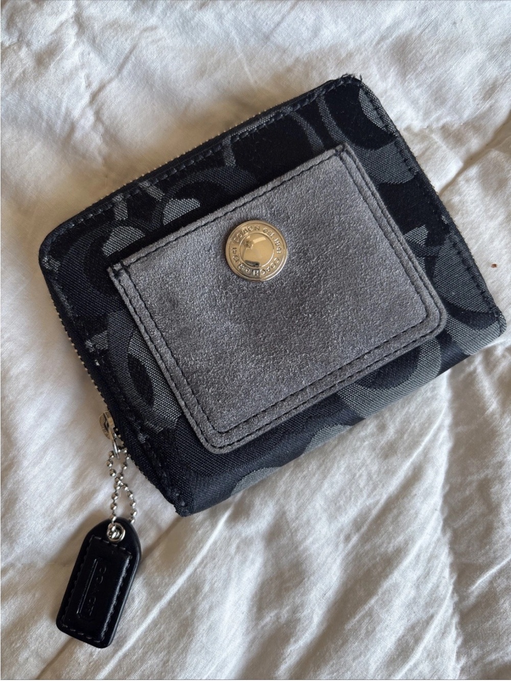 Coach Black Signature Compact Wallet with Gray Suede Pocket